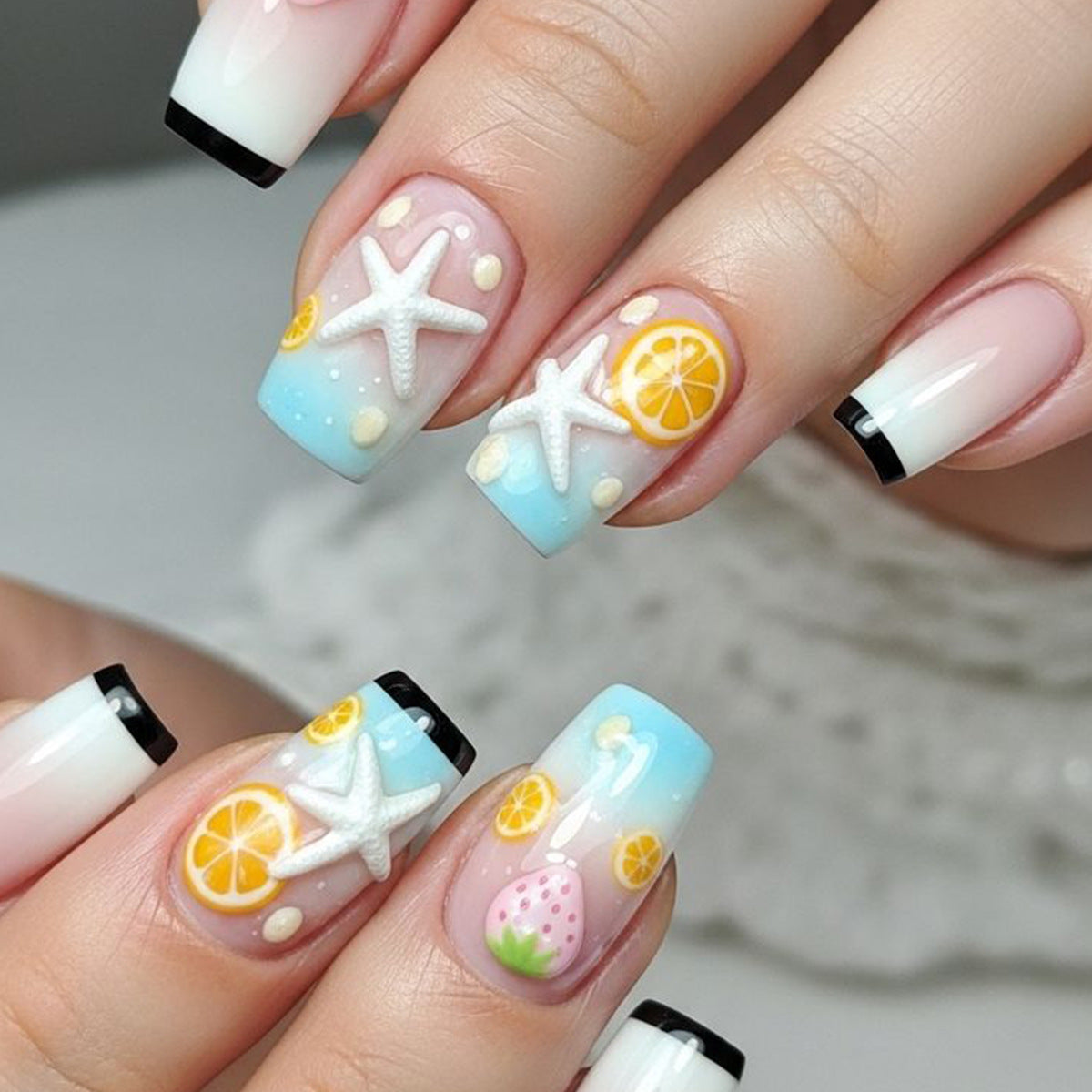 Tropical Oasis Medium Square Blue with Starfish and Citrus Design Press on Nail Set