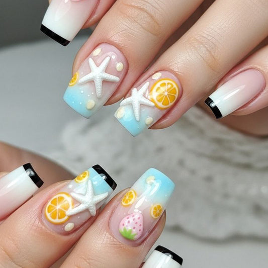 Tropical Oasis Medium Square Blue with Starfish and Citrus Design Press on Nail Set