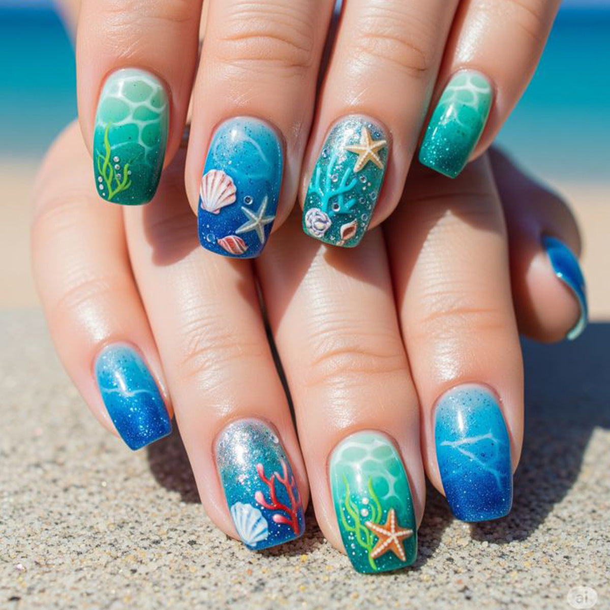 Ocean Inspired Medium Square Aqua Glitter Gradient Nail Set with Charming Coral and Shell Designs