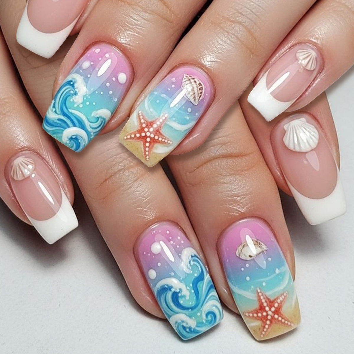 Ocean Breeze Medium Square Press on Nails in Pastel Blue and Pink with Beach Themed Designs