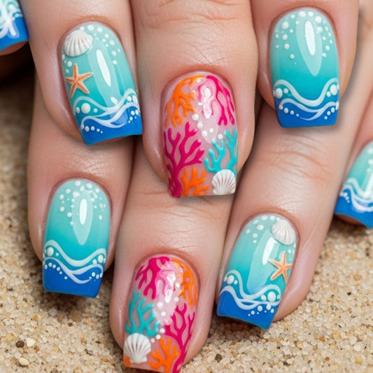 Underwater Paradise Medium Square Blue to Aqua Gradient Press on Nail Set with Vibrant Coral and Shell Designs