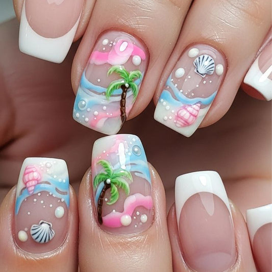 Beach Paradise Short Square Press-On Nail Set with Pastel Pink and Blue Tropical Design and Shell Motifs
