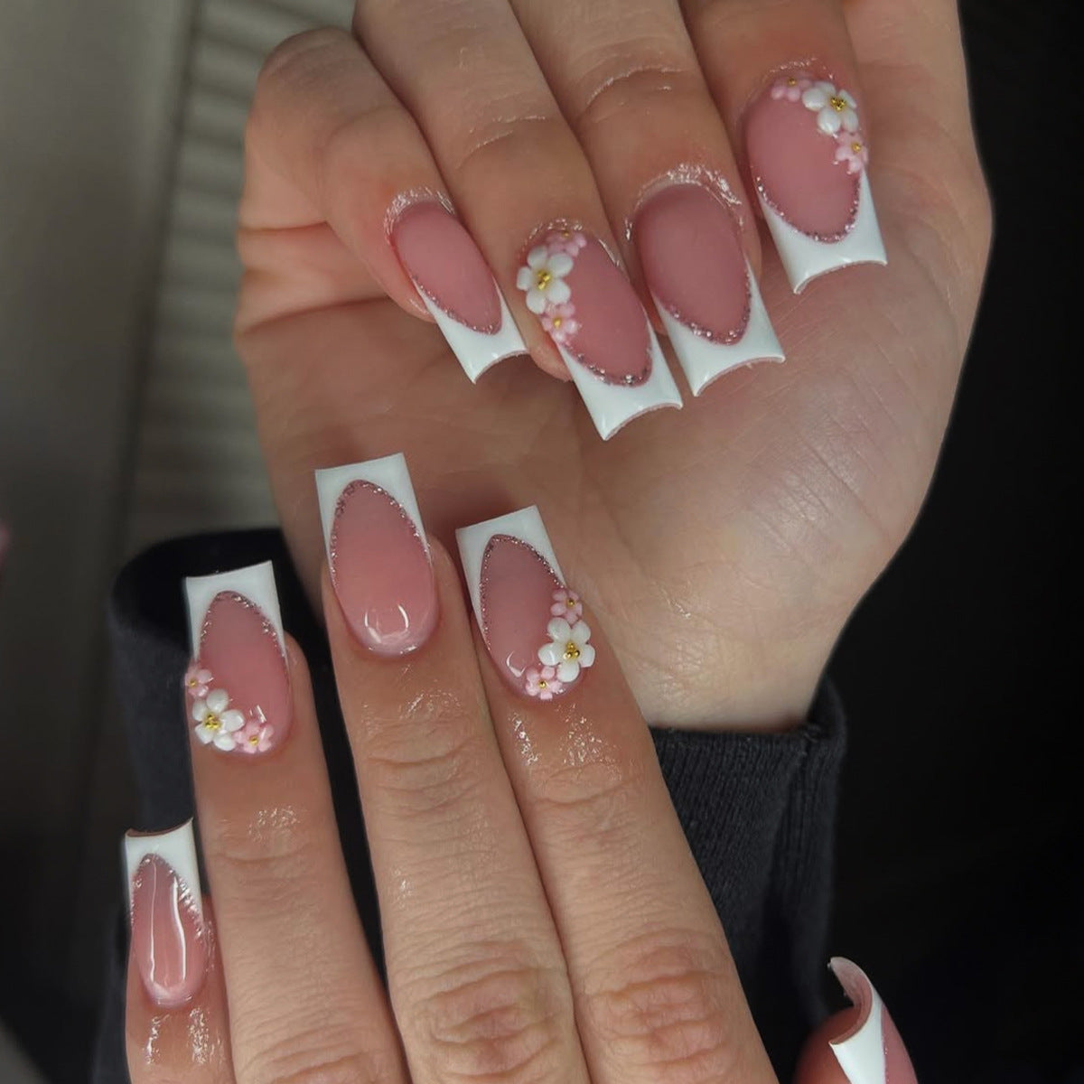 Whimsical Floral Dream Medium Square Shape Soft Pink with Delicate Flower Accents Nail Set