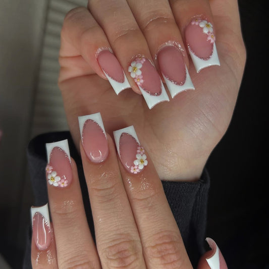 Whimsical Floral Dream Medium Square Shape Soft Pink with Delicate Flower Accents Nail Set