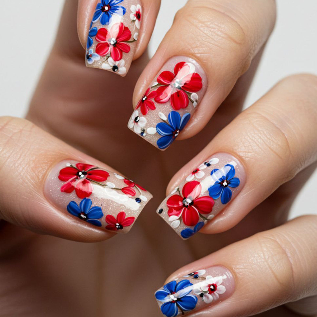 Floral Fantasy Medium Square Press On Nail Set in Red and Blue with Gemstone Accents