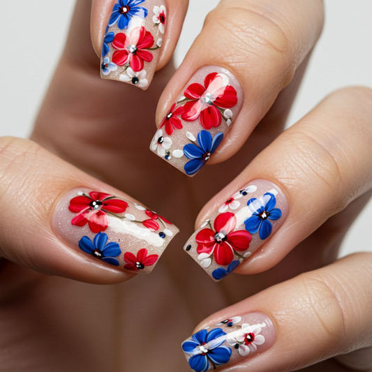 Floral Fantasy Medium Square Press On Nail Set in Red and Blue with Gemstone Accents