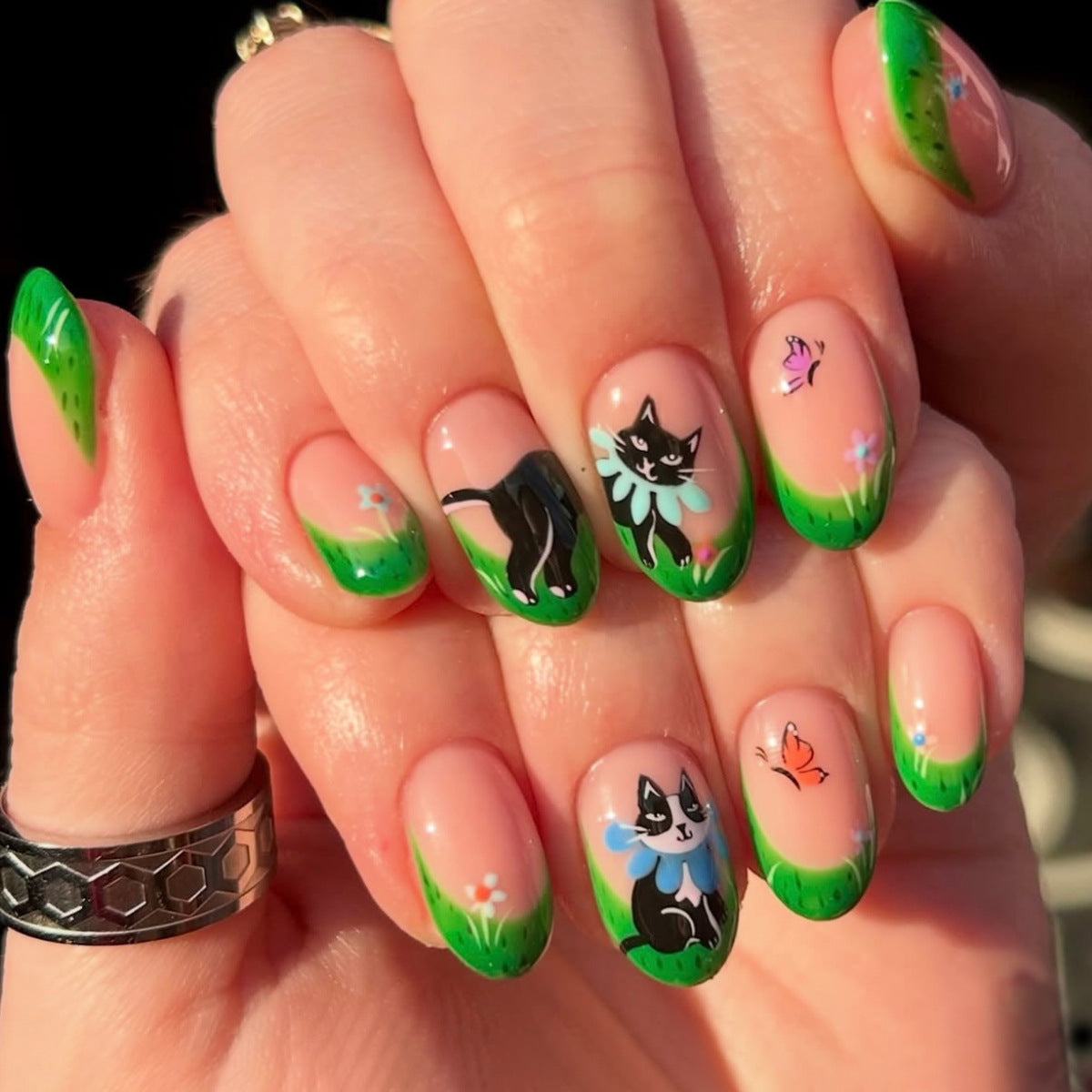 Whimsical Garden Inspired Medium Oval Shape Pastel Green with Cat and Butterfly Art Nail Set