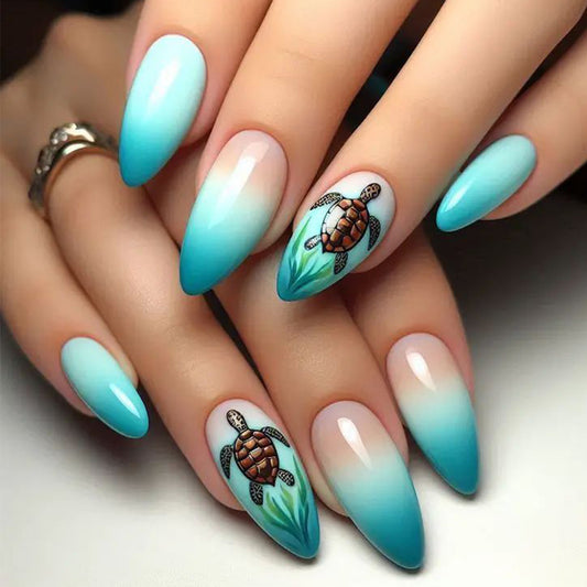 Oceanic Dream Long Almond Shaped Aqua Ombre Press On Nail Set with Unique Turtle Design
