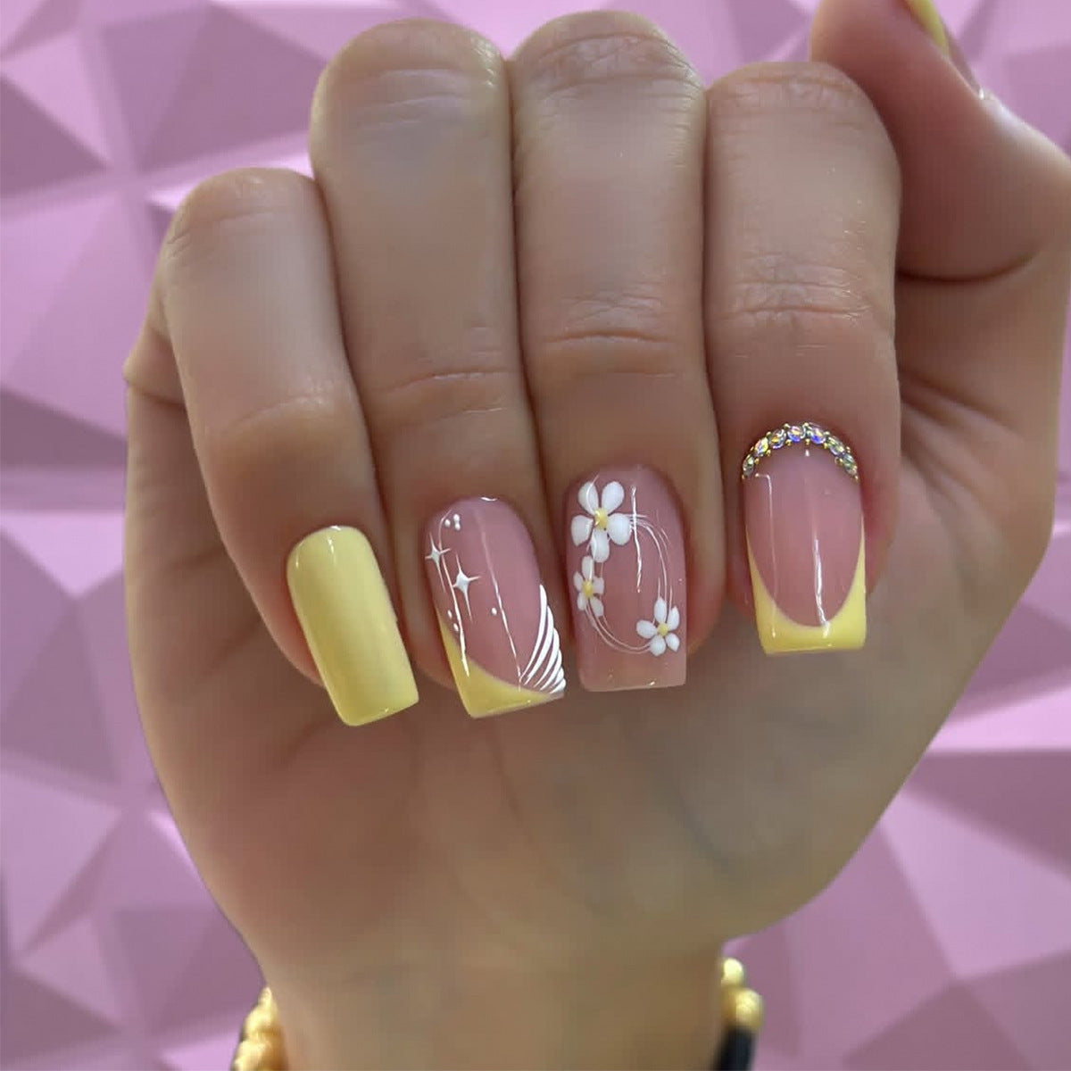 Sunny Delight Medium Square Yellow with Floral and Gem Accents Press On Nail Set