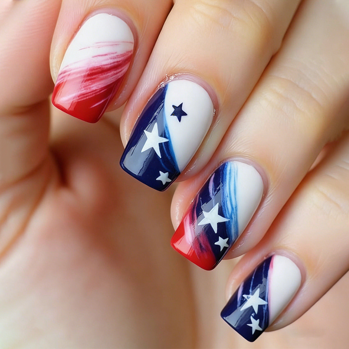 Patriotic Glam Short Square Red White and Blue Ombre with Star Design Press on Nail Set