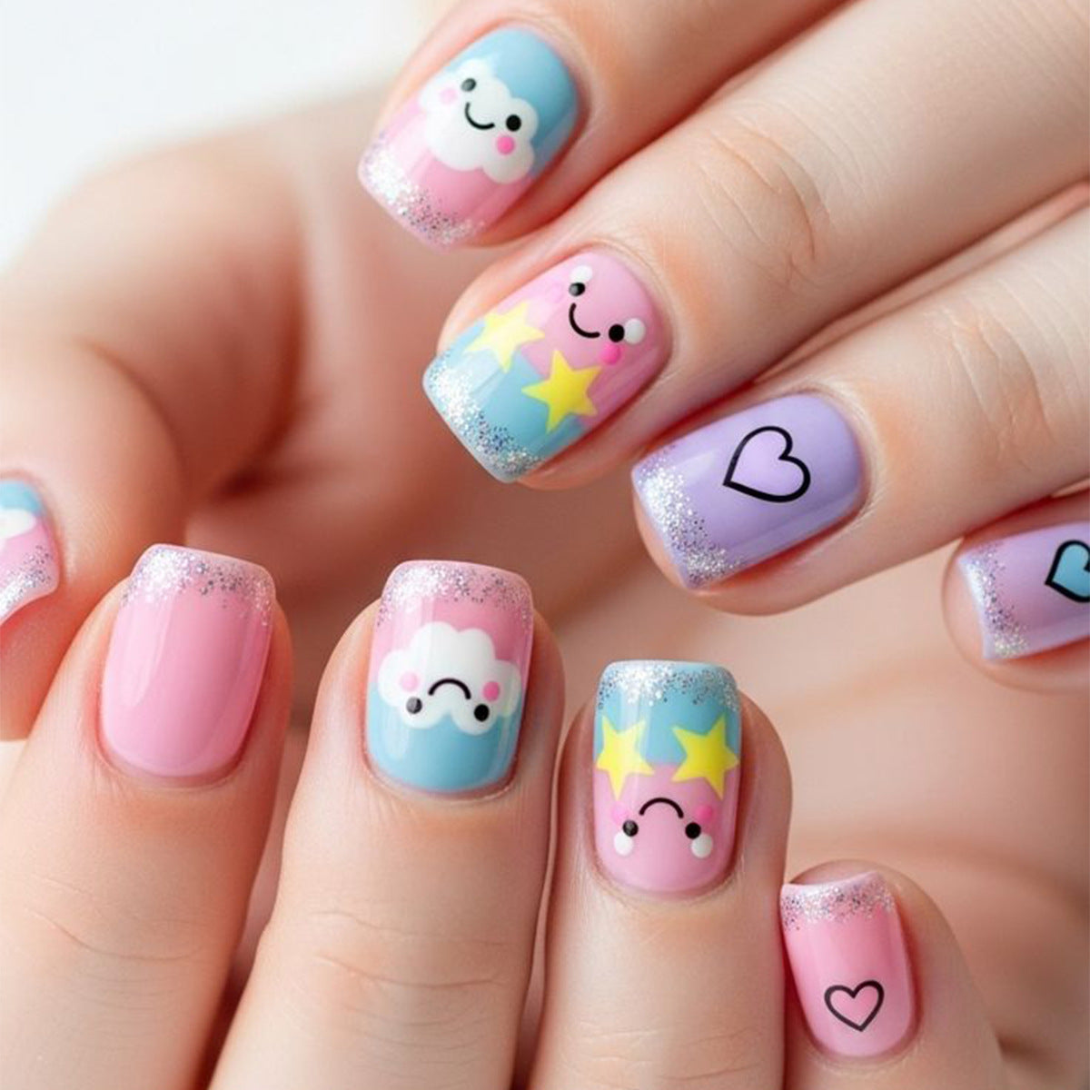 Dreamy Pastel Short Square Press on Nail Set with Whimsical Cloud and Star Designs