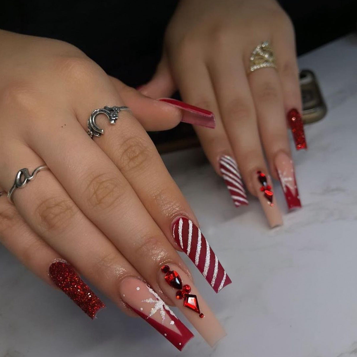 Festive Holiday Glam Long Square Red and Glitter Press On Nail Set with Unique Candy Stripe Design