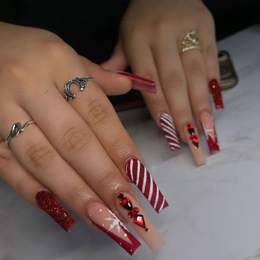 Festive Holiday Glam Long Square Red and Glitter Press On Nail Set with Unique Candy Stripe Design