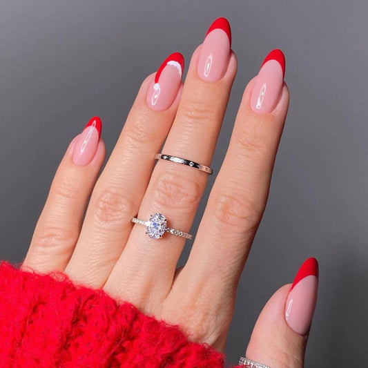 Festive Glamour Long Almond Pink and Red Press On Nail Set with Unique Frosted Tips