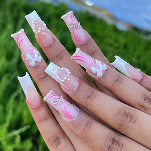 Charming Blossom Long Square Pink and White Press On Nail Set with Pearl and Ribbon Accents