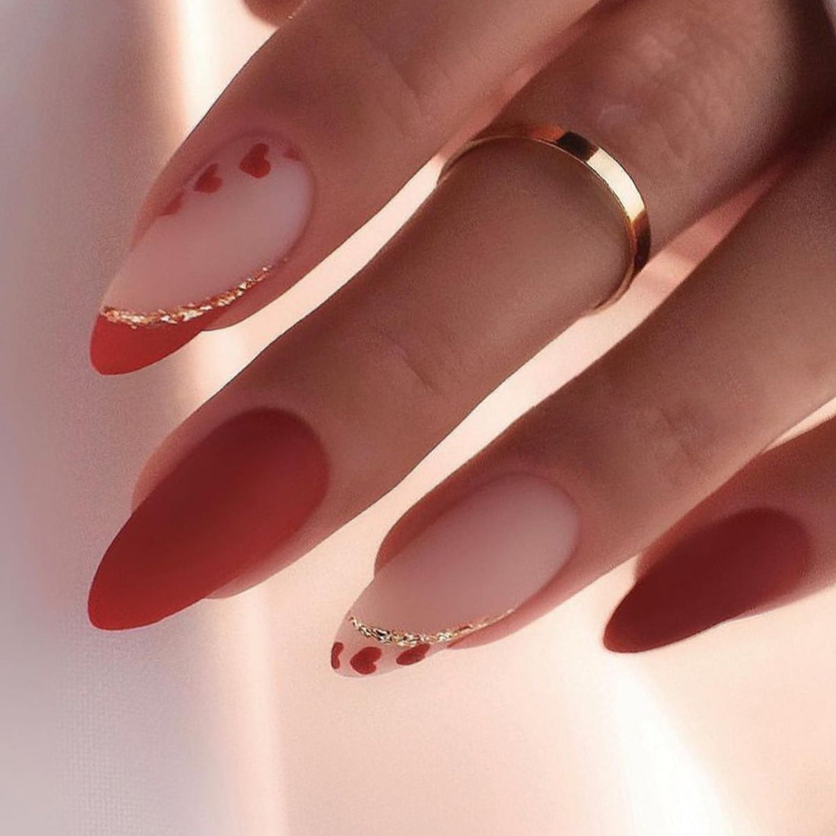 Romantic Heartfelt Long Almond Red and Beige Press On Nail Set with Gold Accents