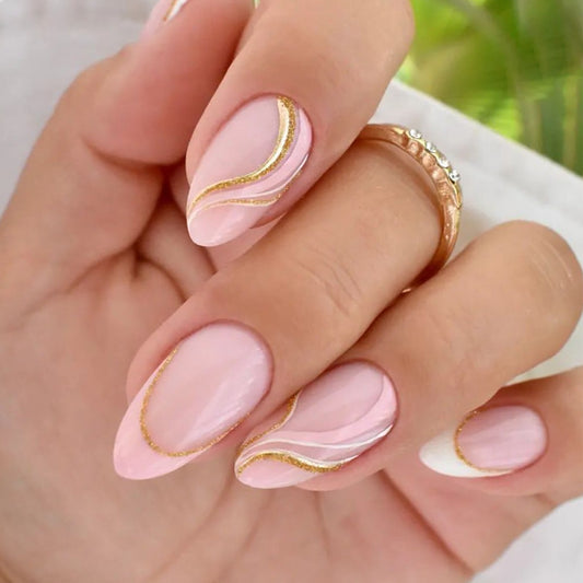 Elegant Serenity Long Almond Pink Press On Nail Set with Gold Wave Accents