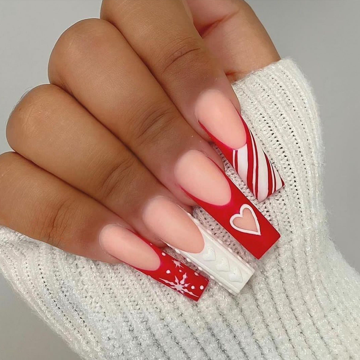 Festive Candy Cane Long Square Red and White Press On Nail Set with Heart and Snowflake Designs