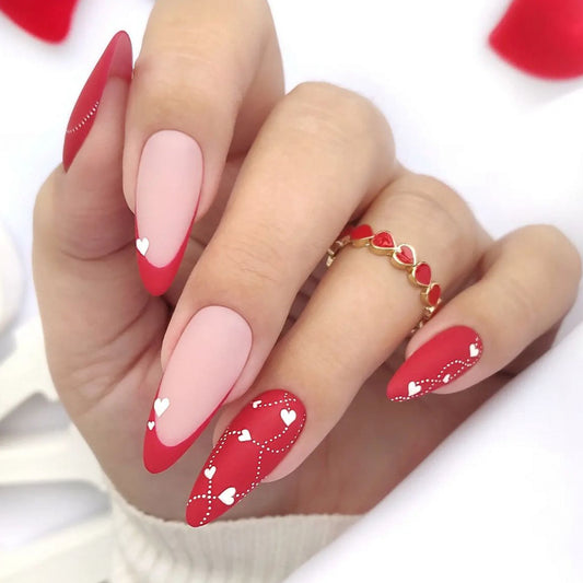 Valentine's Day Passion Long Almond Red Heart Accent Press On Nail Set