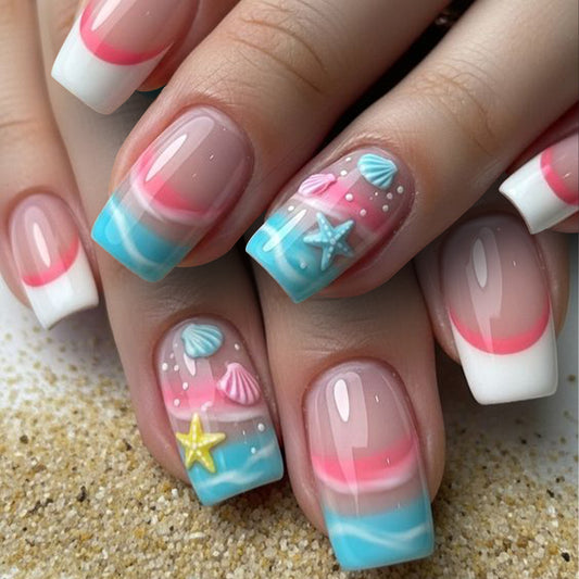 Beach Vibes Short Square Pink and Blue Ombre Nail Set with 3D Shell Accents