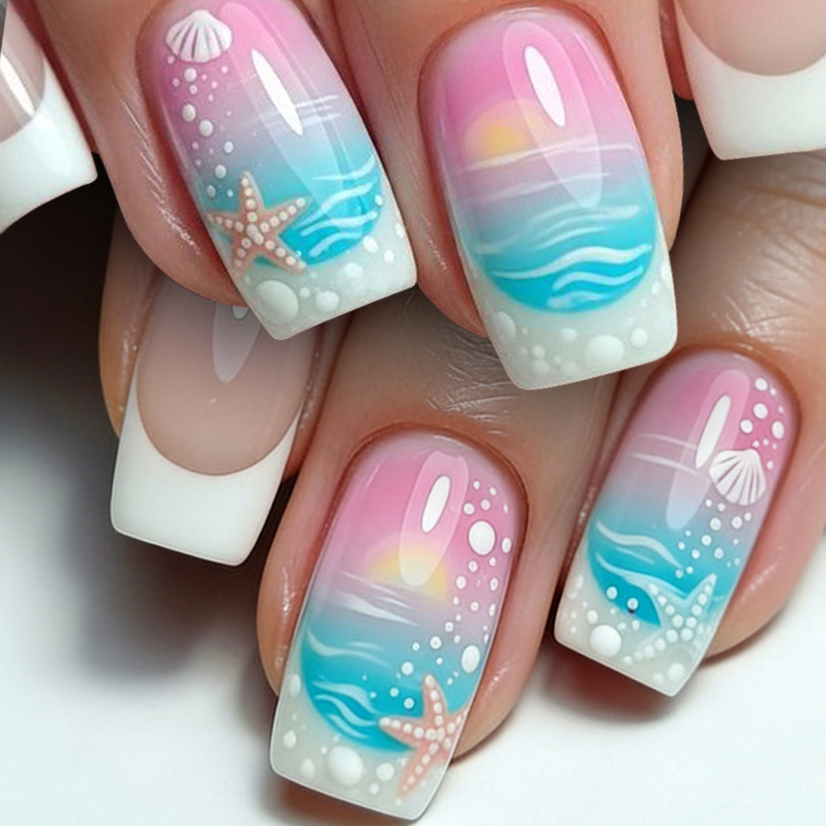 Ocean Breeze Short Square Pastel Gradient with Beach Themed Designs Nail Set