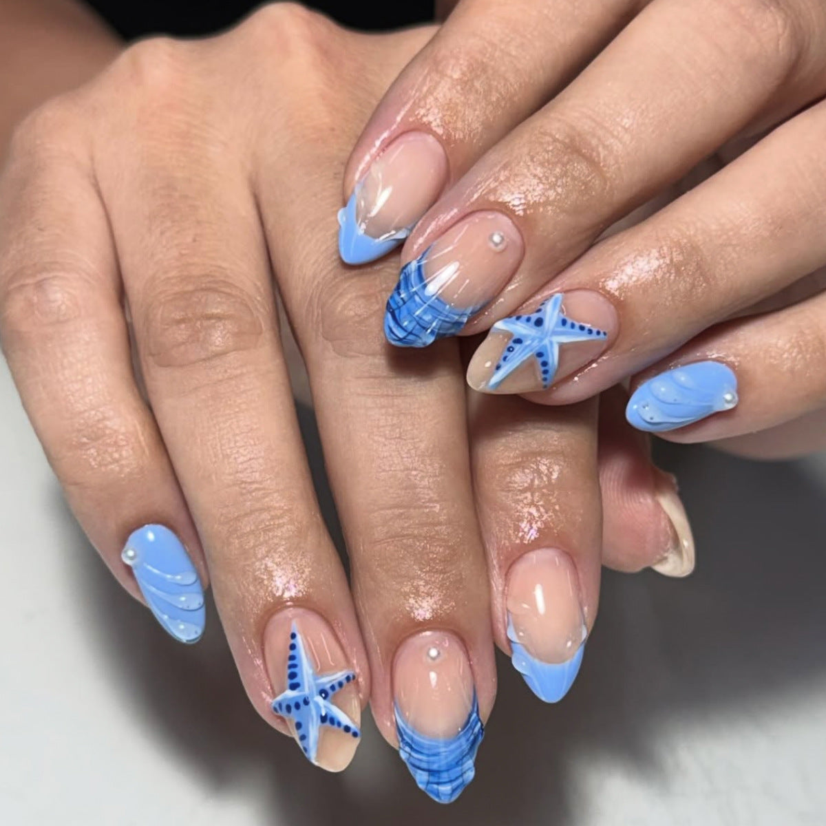 Ocean Breeze Medium Almond Blue with Nautical Star Accents