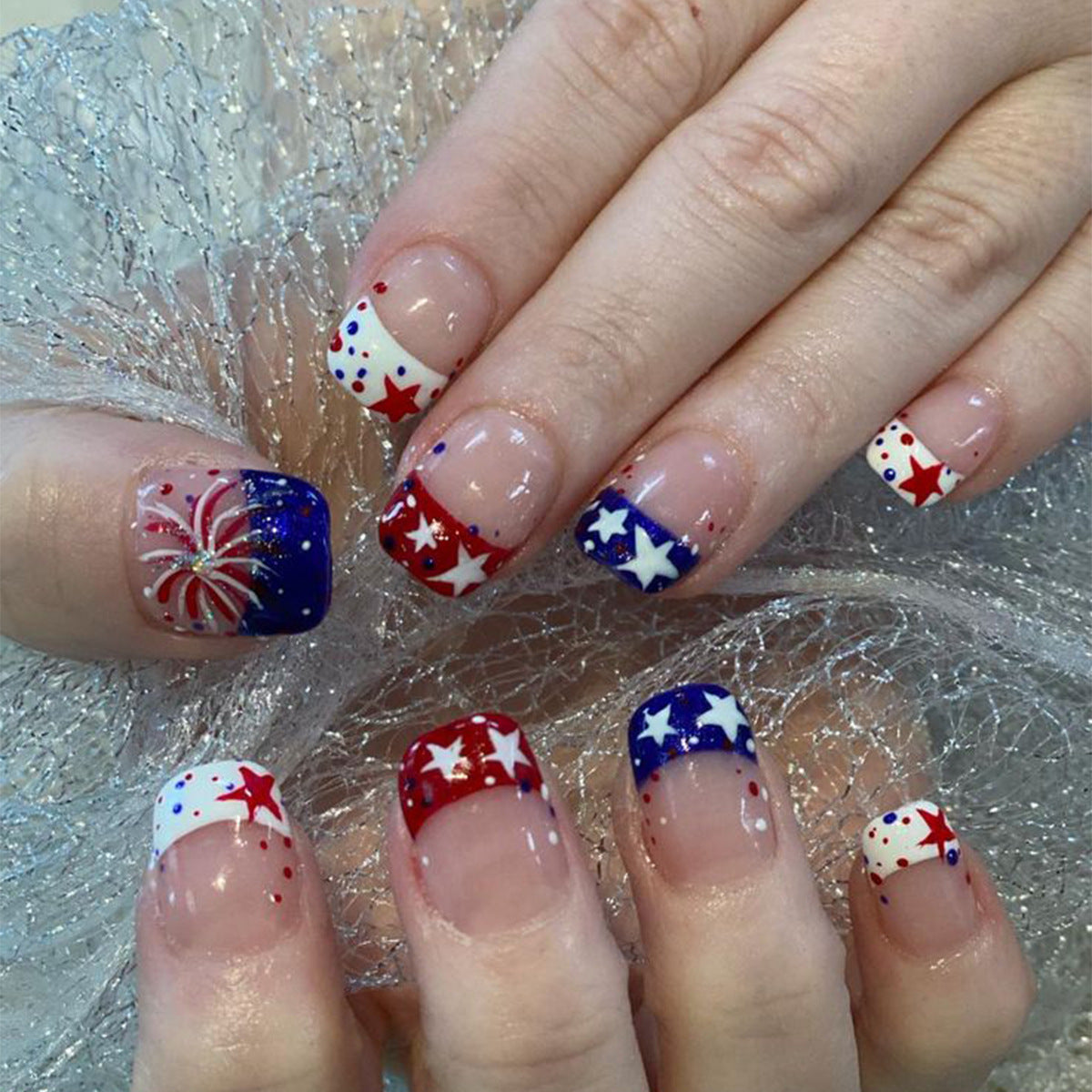 Patriotic Glam Short Square Red and Blue Starry Nail Set