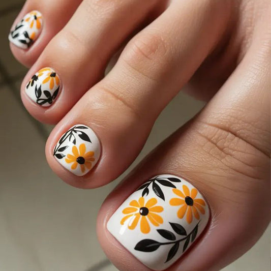 Floral Bliss Short Square White with Vibrant Floral Design Press-On Toenail Set