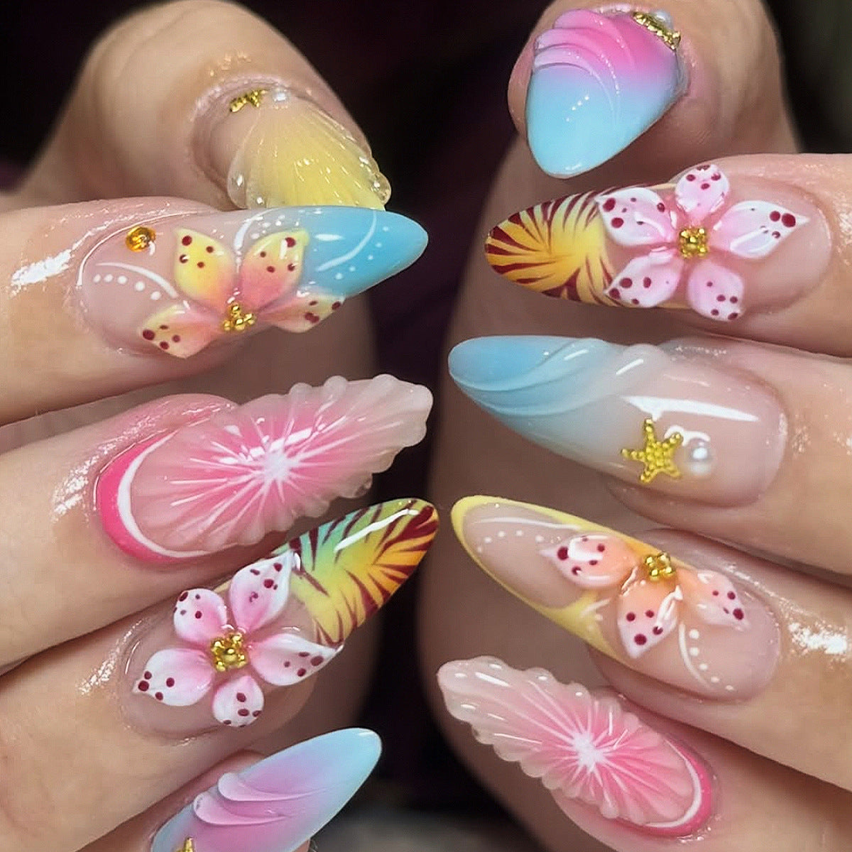 Tropical Bliss Medium Almond Pastel Nail Set with Floral Accents