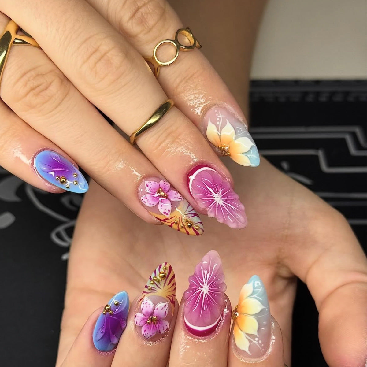 Floral Fantasy Medium Almond Colorful Design Press on Nail Set