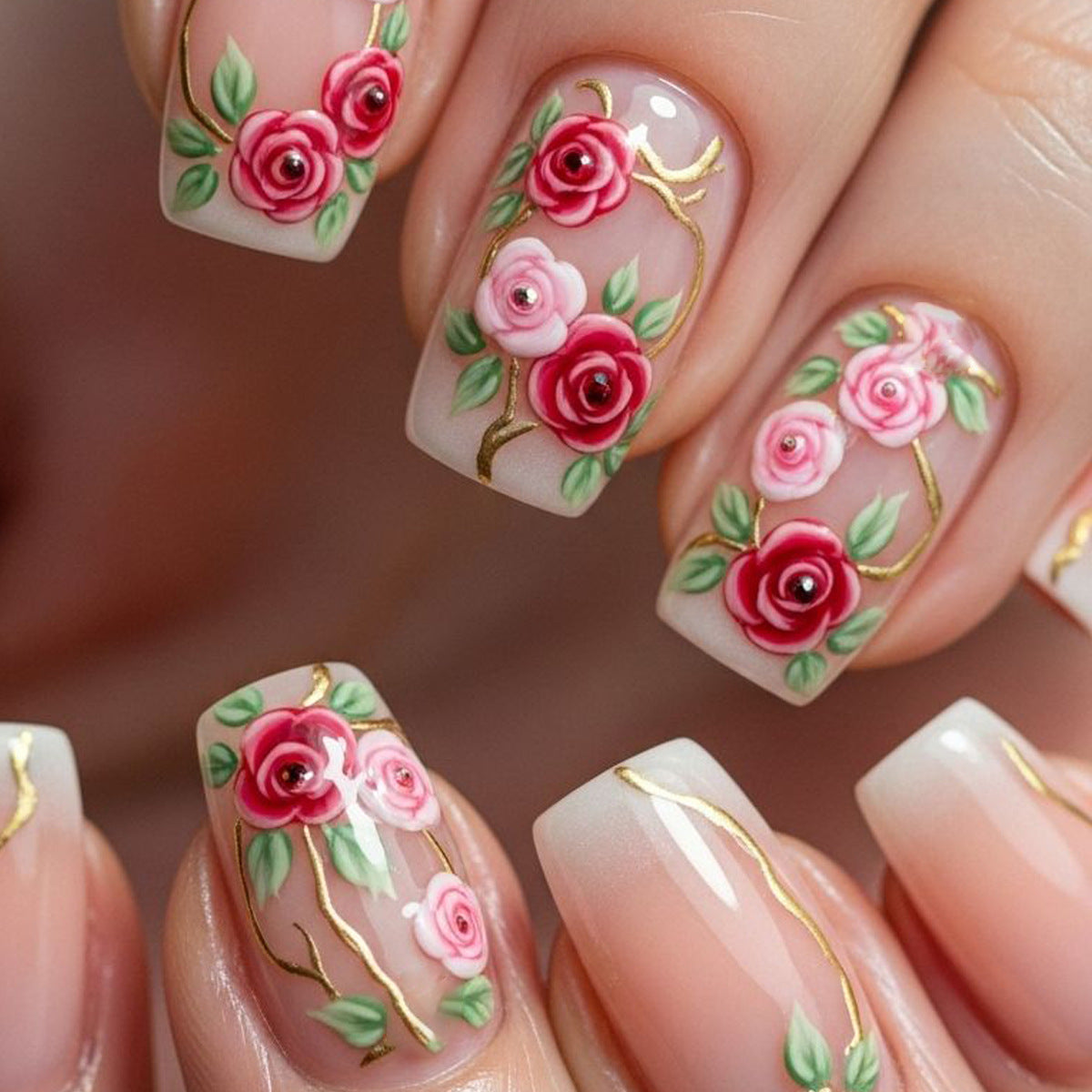 Enchanting Floral Short Square Pink and Gold Detail Press On Nail Set