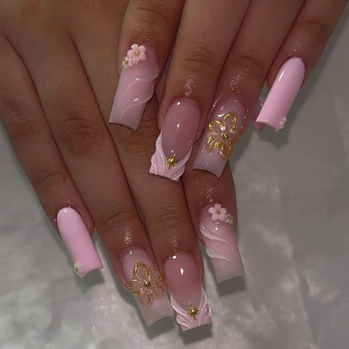 Blossoming Elegance Long Square Pink Press-On Nail Set with Floral Embellishments