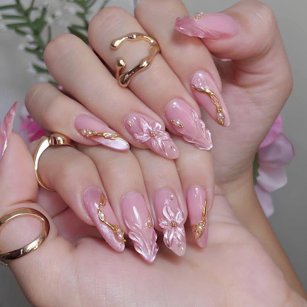 Dreamy Spring Blossom Long Almond Pink Press On Nail Set with Floral Embellishments