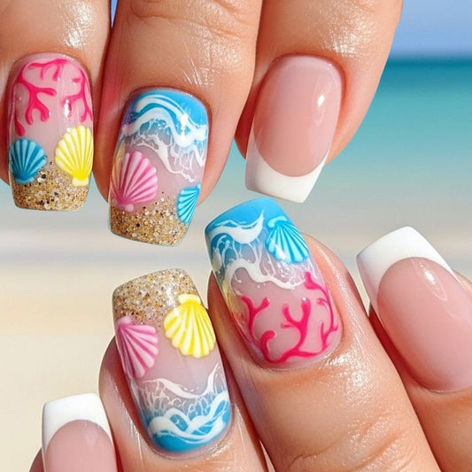 Beach Bliss Short Square Blue and Pink Shell Accent Press-On Nail Set