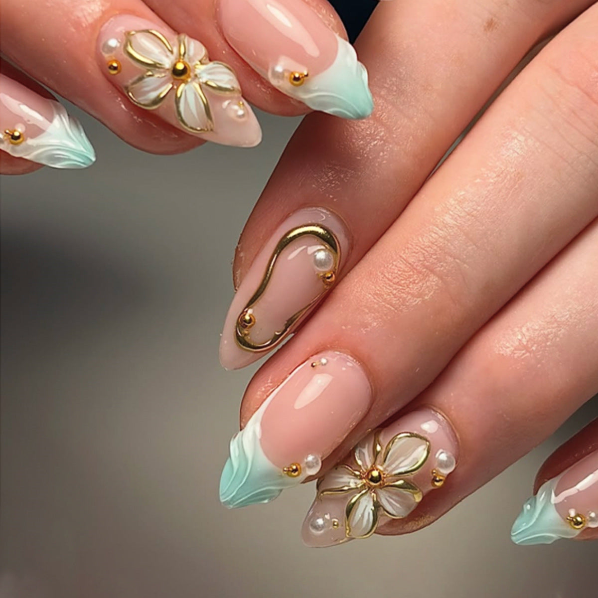 Enchanted Garden Short Almond Aqua Blue Floral Press on Nail Set with Gold Accents