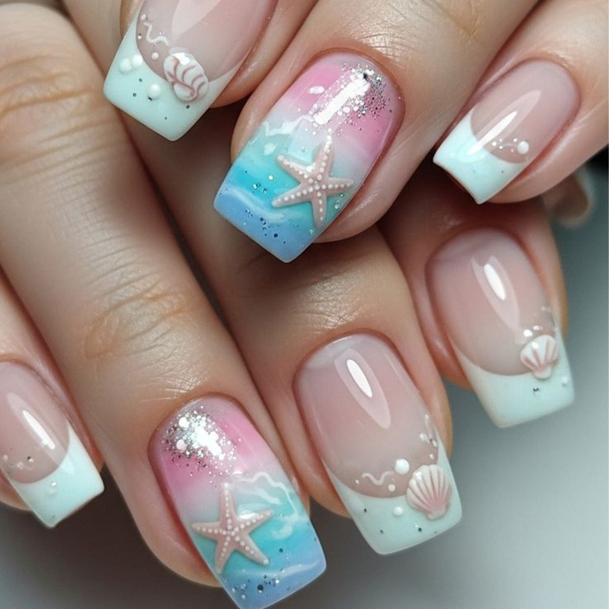 Ocean Breeze Medium Square Light Blue with Starfish Decor Press on Nail Set