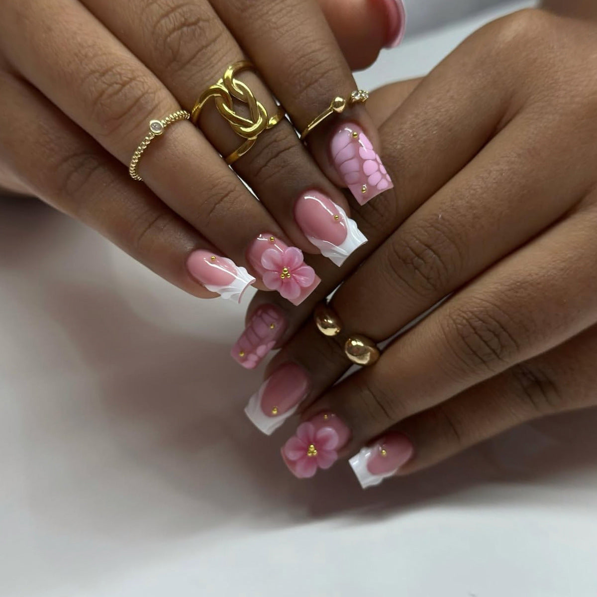 Charming Floral Short Square Pink with Three Dimensional Flowers Press On Nail Set