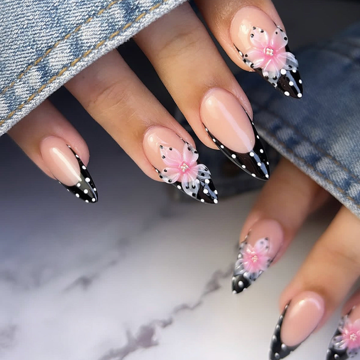 Floral Night Sky Medium Almond Black and Pink Art Press On Nail Set