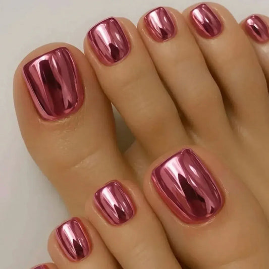 Elegant Glamour Short Square Pink Metallic Press On Toenail Set with High Shine Finish