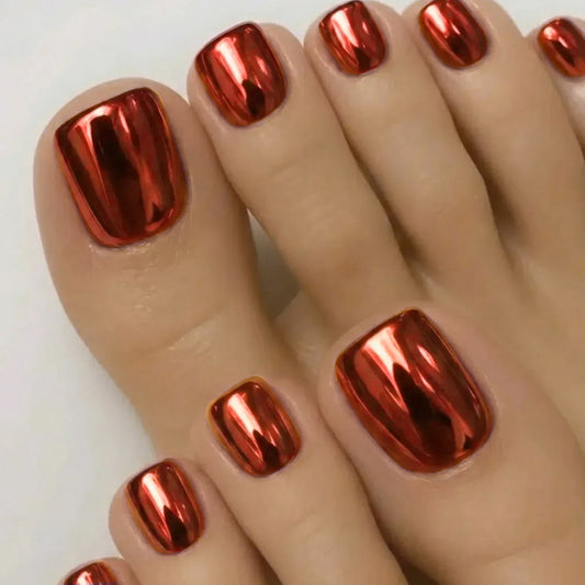 Glitzy Glamour Short Square Red Shiny Toenail Set