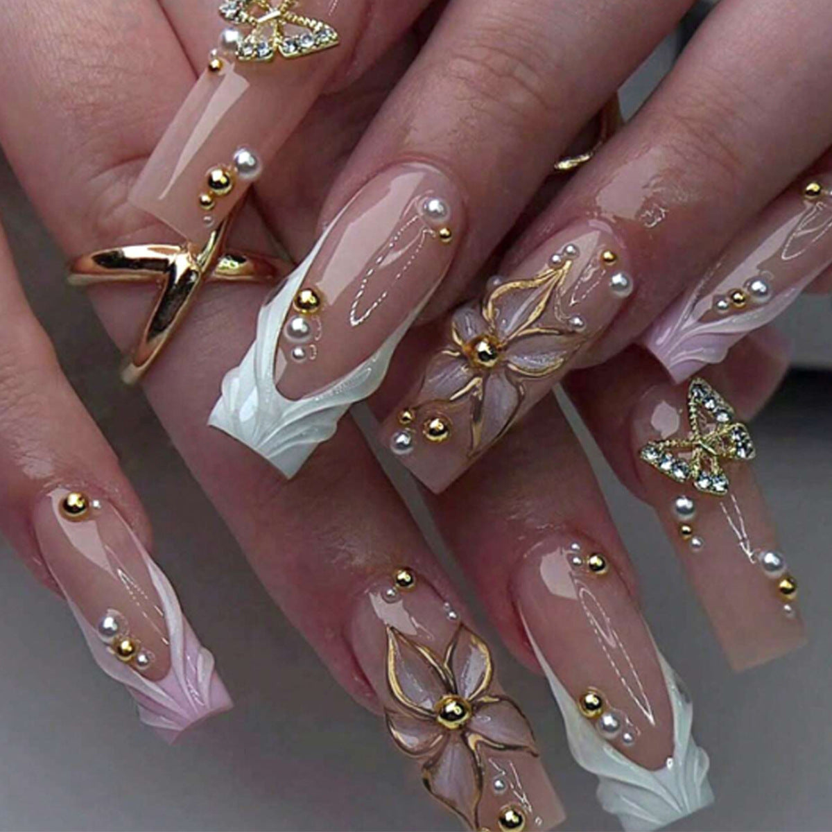 Elegant Floral Fantasy Long Square Blush Pink Press On Nail Set with Gold Accents