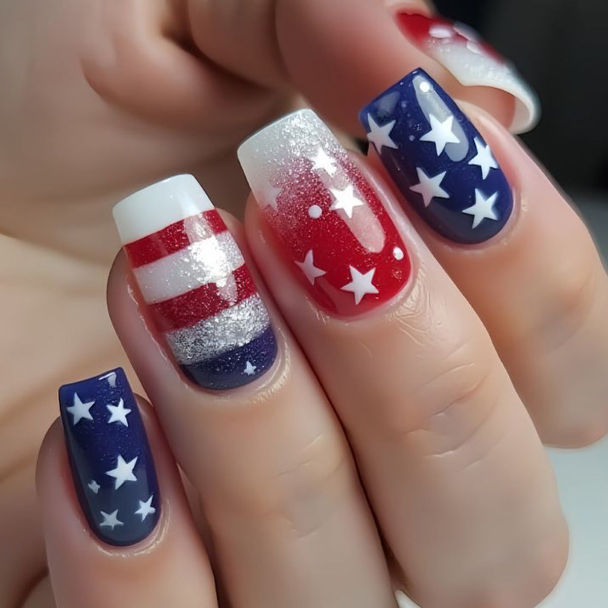 Patriotic Glamour Long Square Red and Blue Star Design Press On Nail Set