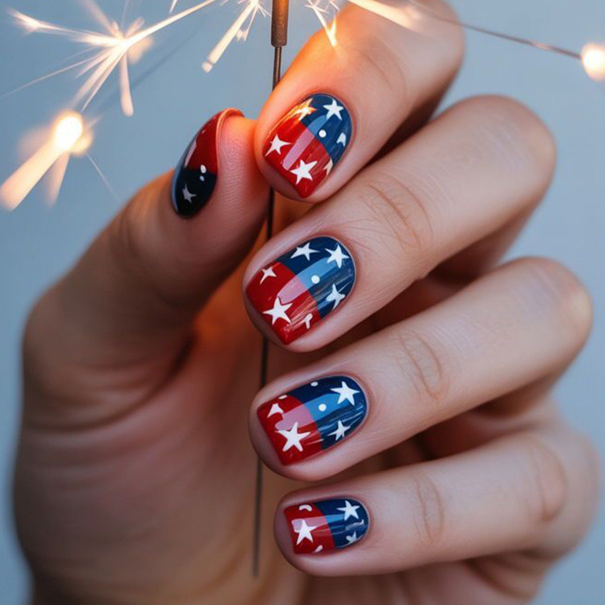 Patriotic Short Square Red White and Blue Sparkle Nail Set