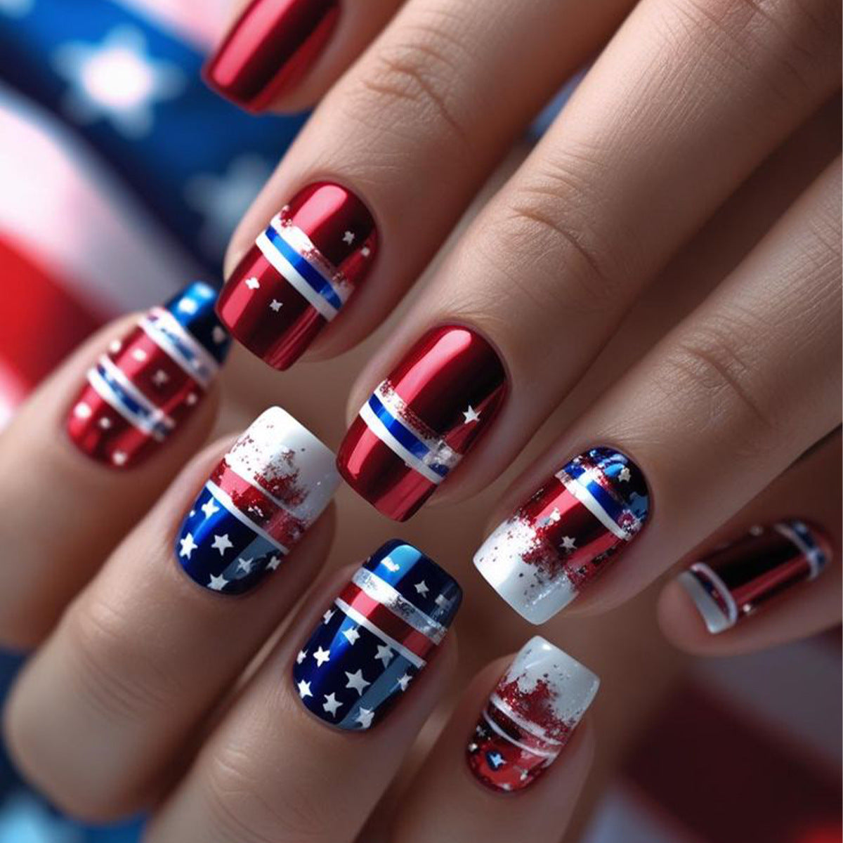 Patriotic Glamour Short Square Red and Blue Starry Press On Nail Set
