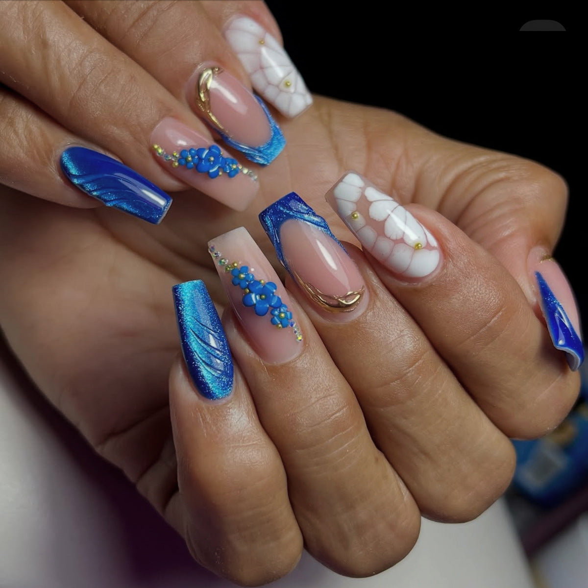 Ocean Breeze Long Square Deep Blue Floral Accent Press On Nail Set