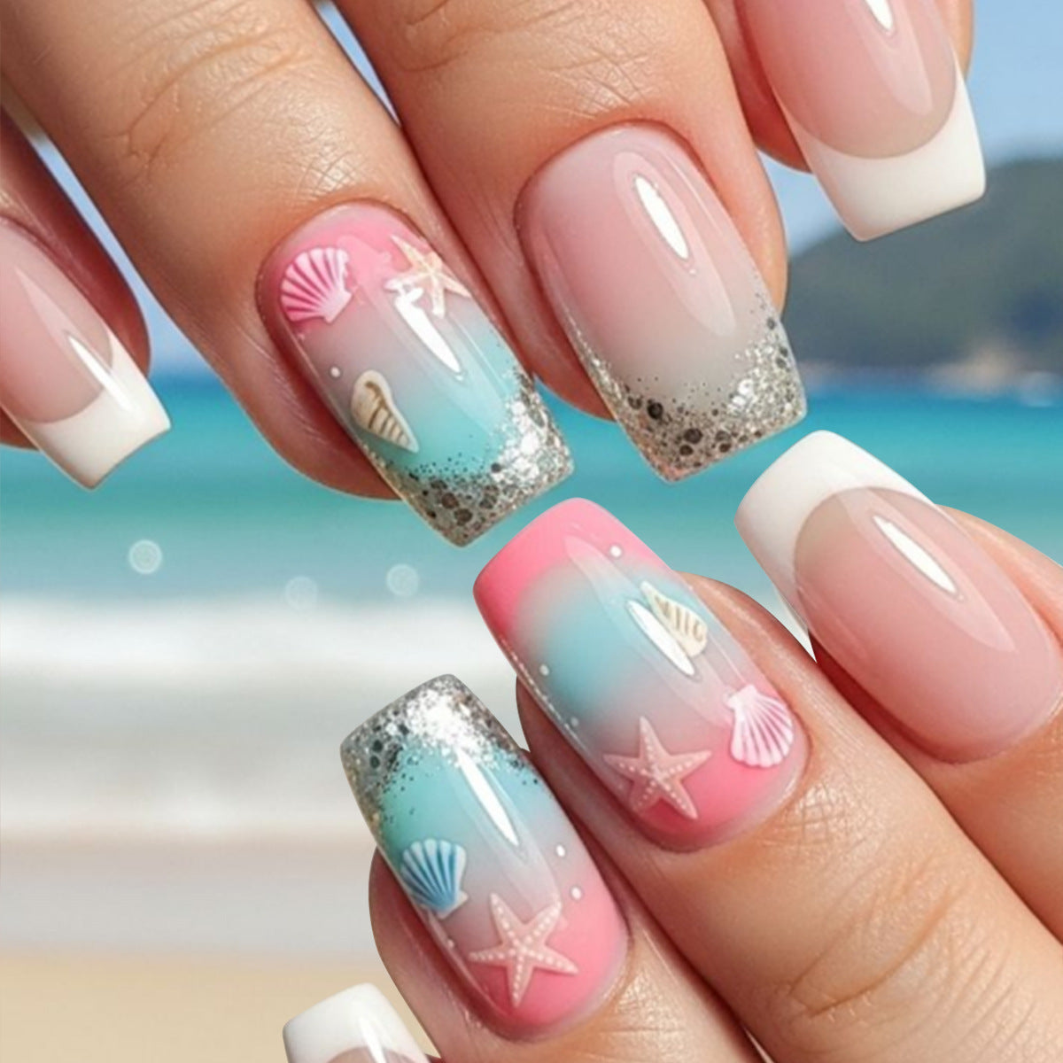 Tropical Vibes Long Square Pink and Blue Gradient with Shell Accents Press On Nail Set