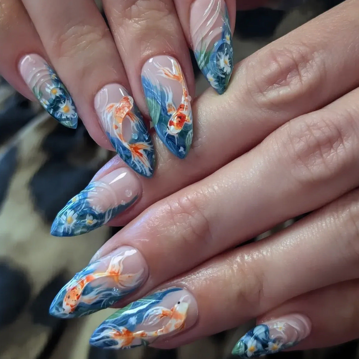 Enchanting Oceanic Medium Almond Blue and Gold Koi Fish Design Press-On Nail Set