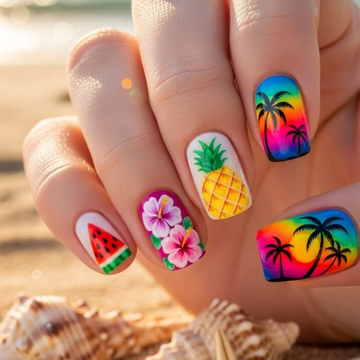 Tropical Vibes Short Square Colorful Floral Design Press On Nail Set