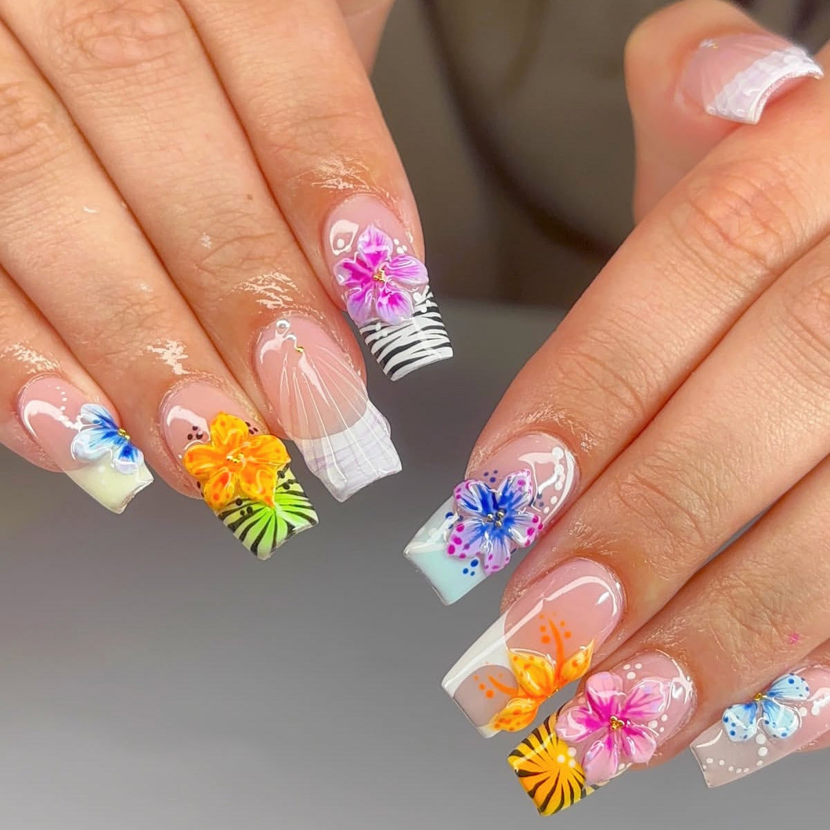 Tropical Vibes Long Square Colorful Floral Nail Press Set