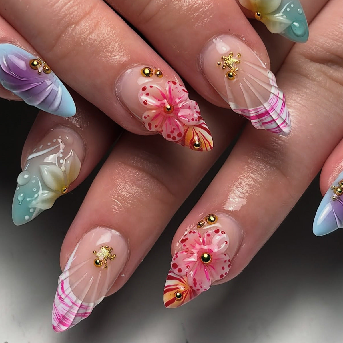 Botanical Bliss Medium Almond Pastel Press On Nail Set with Flower Embellishments